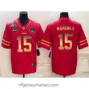 Premium Kansas City Chiefs 15 Patrick Mahomes Red Gold Super Bowl LVII Patch And 4 Star C Patch Vapor Untouchable Limited Stitched Jersey