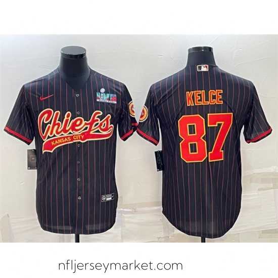 Irresistible Kansas City Chiefs 87 Travis Kelce Black With Super Bowl LVII Patch Cool Base Stitched Baseball Jersey