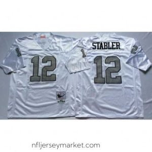 Premium Las Vegas Raiders 12 Ken Stabler White Silver M&N Throwback Jersey