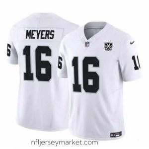 Stunning Las Vegas Raiders 16 Jakobi Meyers White 2024 F.U.S.E 65th Anniversary Patch Vapor Stitched Football Jersey