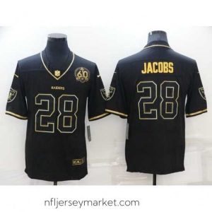 Top notch Las Vegas Raiders 28 Josh Jacobs Black Gold With 60th Anniversary Patch Vapor Limited Stitched jersey