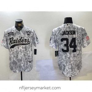 Top notch Las Vegas Raiders 34 Bo Jackson 2024 Arctic Camo Salute To Service Stitched Baseball Jersey 2