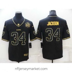 Magnificent Las Vegas Raiders 34 Bo Jackson Black Gold With 60th Anniversary Patch Vapor Limited Stitched jersey