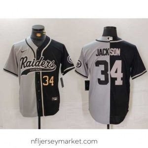 Luxurious Las Vegas Raiders 34 Bo Jackson Grey Black Split Cool Base Stitched Baseball Jersey 1