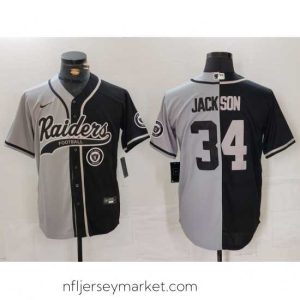 Magnificent Las Vegas Raiders 34 Bo Jackson Grey Black Split Cool Base Stitched Baseball Jersey 2