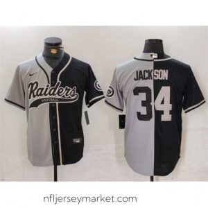 Magnificent Las Vegas Raiders 34 Bo Jackson Grey Black Split Cool Base Stitched Baseball Jersey