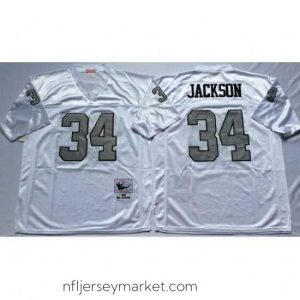 Premium Las Vegas Raiders 34 Bo Jackson White Silver M&N Throwback Jersey
