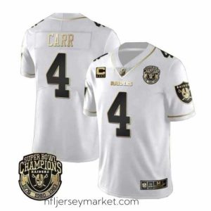 Stunning Las Vegas Raiders 4 Derek Carr White Gold With Champions Patch  26 C Patch Limited Stitched Jersey