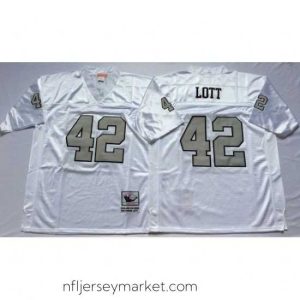 Luxurious Las Vegas Raiders 42 Ronnie Lott White Silver M&N Throwback Jersey