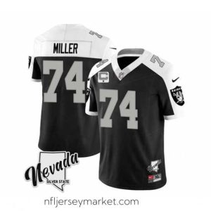 Alluring Las Vegas Raiders 74 Kolton Miller Black White 2023 F.U.S.E Nevada Silver Stat With 1 Star C Patch Stitched Football Jersey