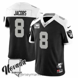 Irresistible Las Vegas Raiders 8 Josh Jacobs Black White 2023 F.U.S.E Nevada Silver Stat With 3 Star C Patch Stitched Football Jersey