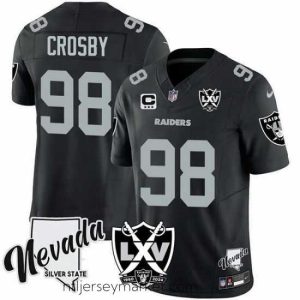 Premium Las Vegas Raiders 98 Maxx Crosby Black 2024 F.U.S.E With Nevada Silver Stat Patch And 65th Anniversary Patch 3 Star C Patch Stitched Football Jersey
