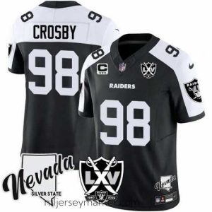 Irresistible Las Vegas Raiders 98 Maxx Crosby Black White 2024 F.U.S.E With Nevada Silver Stat Patch And 65th Anniversary Patch 3 Star C Patch Stitched Football Jer