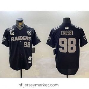 Alluring Las Vegas Raiders 98 Maxx Crosby Black With Nevada Silver Stat Patch And 65th Anniversary Patch 3 Star C Patch Stitched Baseball Jersey 3