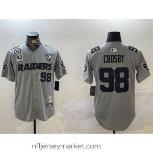 Premium Las Vegas Raiders 98 Maxx Crosby Grey With Nevada Silver Stat Patch And 65th Anniversary Patch 3 Star C Patch Stitched Baseball Jersey 2