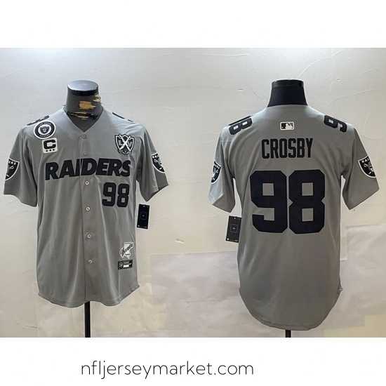 Premium Las Vegas Raiders 98 Maxx Crosby Grey With Nevada Silver Stat Patch And 65th Anniversary Patch 3 Star C Patch Stitched Baseball Jersey 2
