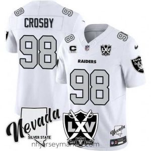 Magnificent Las Vegas Raiders 98 Maxx Crosby White 2024 F.U.S.E With Nevada Silver Stat Patch And 65th Anniversary Patch 3 Star C Patch Stitched Football Jersey