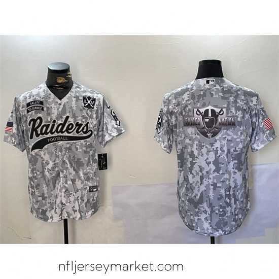 Alluring Las Vegas Raiders Team Big Logo 2024 Arctic Camo Salute To Service With 65th Anniversary Patch Stitched Baseball Jersey 1