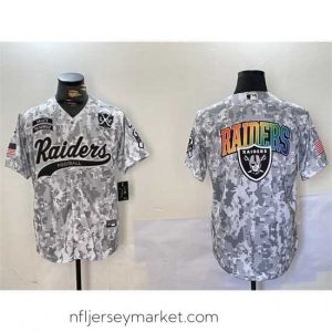 Magnificent Las Vegas Raiders Team Big Logo 2024 Arctic Camo Salute To Service With 65th Anniversary Patch Stitched Baseball Jersey 2