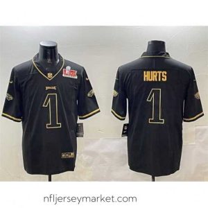 Luxurious Philadelphia Eagles 1 Jalen Hurts Black Gold 2025 Super Bowl LIX Patch Salute To Service Vapor Untouchable Limited Stitched Football Jersey