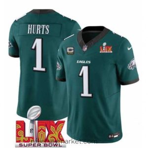 Alluring Philadelphia Eagles 1 Jalen Hurts Green 2025 Super Bowl LIX Patch With 3 Star C Patch New F.U.S.E  Vapor Untouchable Limited Stitched Football Jersey