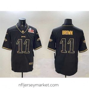 Stunning Philadelphia Eagles 11 A  J  Brown Black Gold 2025 Super Bowl LIX Patch Salute To Service Vapor Untouchable Limited Stitched Football Jersey