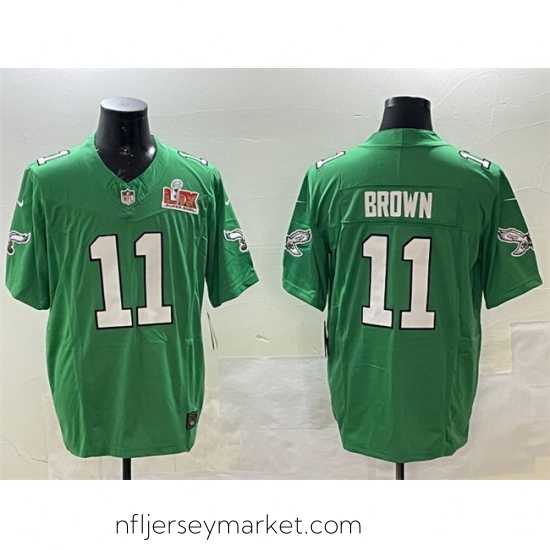 Irresistible Philadelphia Eagles 11 A J Brown Green 2025 Super Bowl LIX Patch F.U.S.E Throwback Vapor Untouchable Limited Stitched Football Jersey