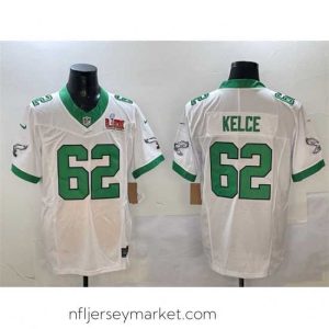Gorgeous Philadelphia Eagles 62 Jason Kelce White 2025 Super Bowl LIX Patch F.U.S.E  Vapor Untouchable Limited Stitched Football Jersey