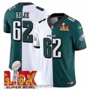 Exquisite Philadelphia Eagles 62 Jason Kelce White Green Split 2025 Super Bowl LIX Patch F.U.S.E  Vapor Untouchable Limited Stitched Football Jersey