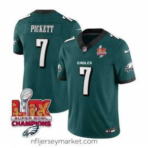 Superb Philadelphia Eagles 7 Kenny Pickett Green 2025 Eagles Logo Super Bowl LIX Patch New F.U.S.E  Vapor Limited Stitched Football Jersey