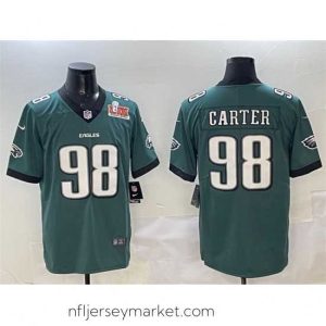 Luxurious Philadelphia Eagles 98 Jalen Carter Green 2025 Super Bowl LIX Patch New Vapor Untouchable Limited Stitched Football Jersey