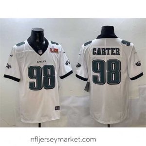 Stunning Philadelphia Eagles 98 Jalen Carter White 2025 Super Bowl LIX Patch New Vapor Untouchable Limited Stitched Football Jersey