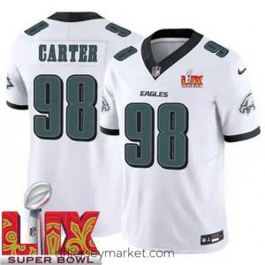 Superb Philadelphia Eagles Jalen Carter #98 White 2024 2025 Super Bowl LIX F.U.S.E Stitched NFL Jersey