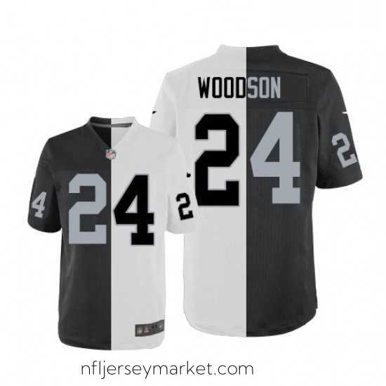 Exquisite Mens Nike Oakland Raiders 24 Charles Woodson Elite BlackWhite Split Fashion NFL Jersey