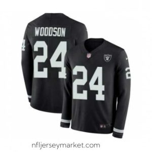 Luxurious Mens Nike Oakland Raiders 24 Charles Woodson Limited Black Therma Long Sleeve NFL Jersey