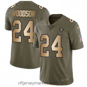 Premium Mens Nike Oakland Raiders 24 Charles Woodson Limited OliveGold 2017 Salute to Service NFL Jersey