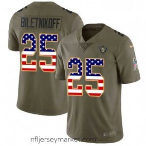 Premium Mens Nike Oakland Raiders 25 Fred Biletnikoff Limited OliveUSA Flag 2017 Salute to Service NFL Jersey