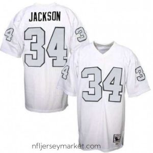 Premium Mitchell And Ness Oakland Raiders 34 Bo Jackson White with Silver No Authentic NFL Jersey