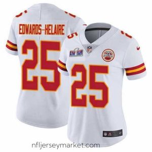 Stunning Nike Chiefs 25 Clyde Edwards Helaire White Bound Stitched NFL Vapor Untouchable Limited 2024 Super Bowl LVIII Jersey