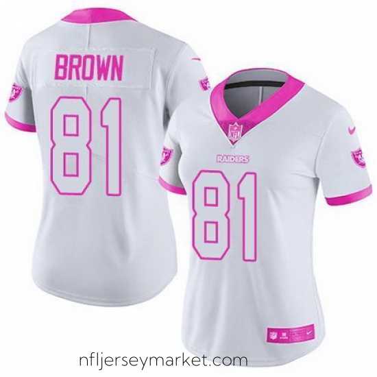 Stunning Nike Raiders #81 Tim Brown White Pink Womens Stitched NFL Limited Rush Fashion Jersey