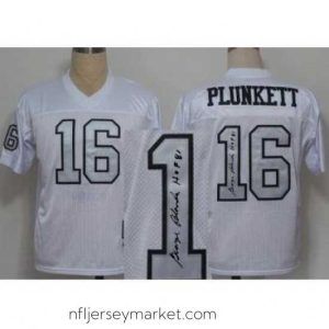 Top notch Oakland Raiders 16 Jim Plunkett White Silver Number Throwback M&N Signed NFL Jerseys