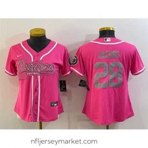 Stunning Las Vegas Raiders 28 Josh Jacobs Pink Silver With Patch Cool Base Stitched Baseball Jersey