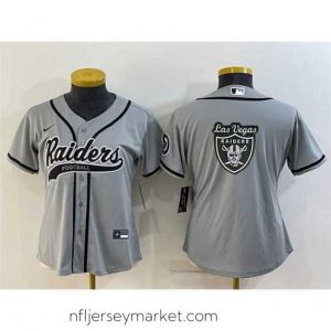 Top notch Las Vegas Raiders Grey Team Big Logo With Patch Cool Base Stitched Baseball Jersey