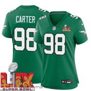 Superb Philadelphia Eagles Jalen Carter #98 Kelly Green 2024 2025 Super Bowl LIX F.U.S.E Stitched NFL Jersey