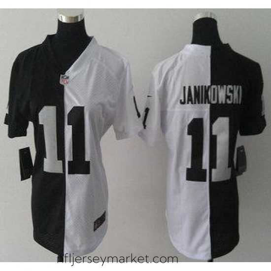 Exquisite Womens Nike Oakland Raiders 11 Sebastian Janikowski Black and White Split NFL Jersey