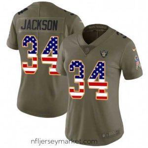 Exquisite Womens Nike Oakland Raiders 34 Bo Jackson Limited OliveUSA Flag 2017 Salute to Service NFL Jersey