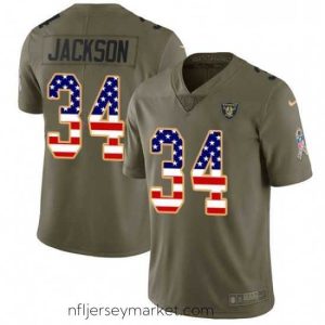 Top notch Nike Oakland Raiders 34 Bo Jackson Limited OliveUSA Flag 2017 Salute to Service NFL Jersey