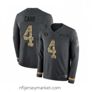 Premium Nike Oakland Raiders 4 Derek Carr Limited Black Salute to Service Therma Long Sleeve NFL Jersey