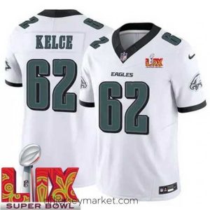 Top notch Philadelphia Eagles Jason Kelce #62 White 2024 2025 Super Bowl LIX F.U.S.E Stitched NFL Jersey